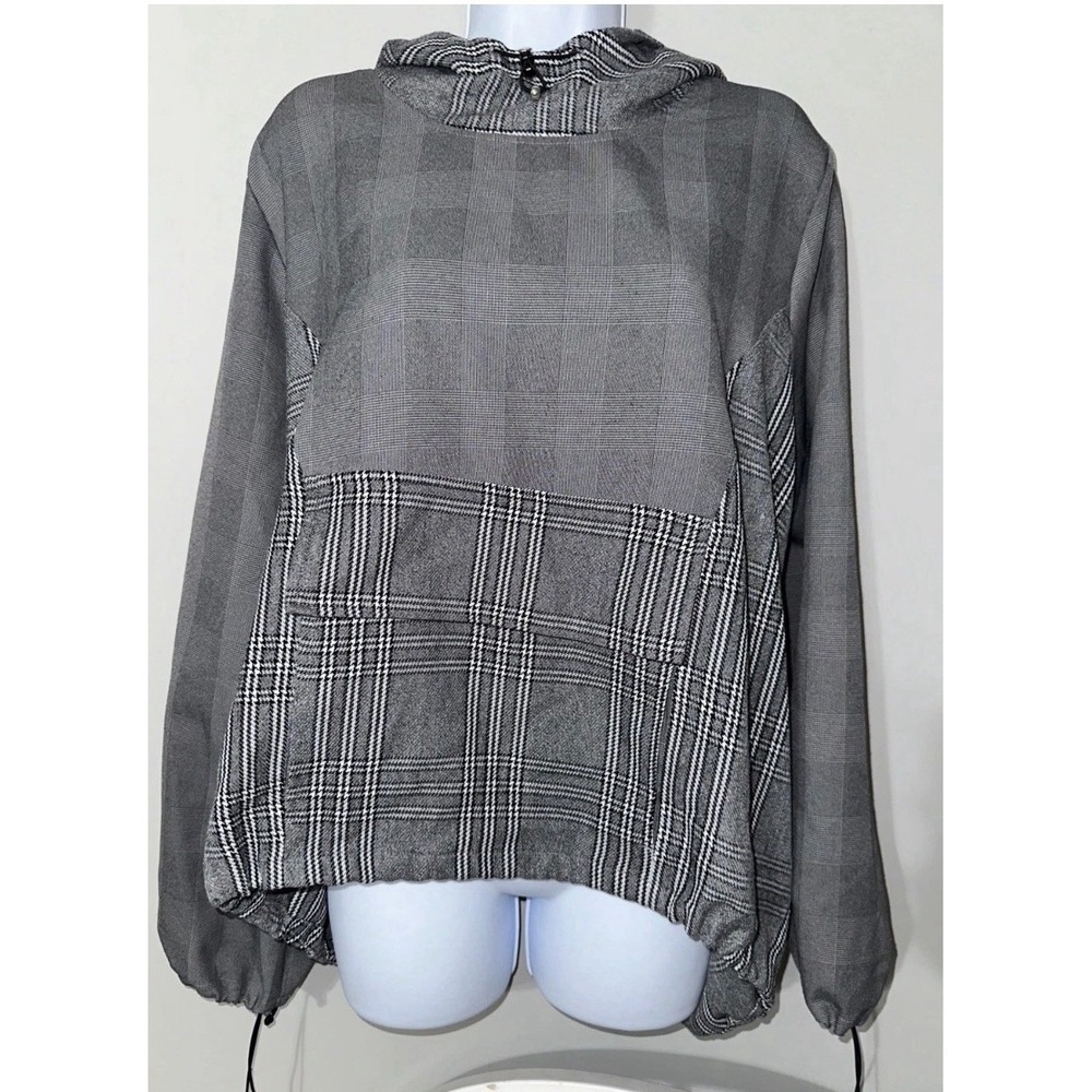 RUTI Mixed Media Plaid Scuba Pullover Hoodie Deconstructed Patchwork Grey‎ S/M